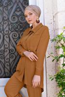 Tesettür giyim TABA ALVİNA YAKA KISMI BÜZGÜLÜ 2&prime;Lİ PANTOLONLU TAKIM 4325