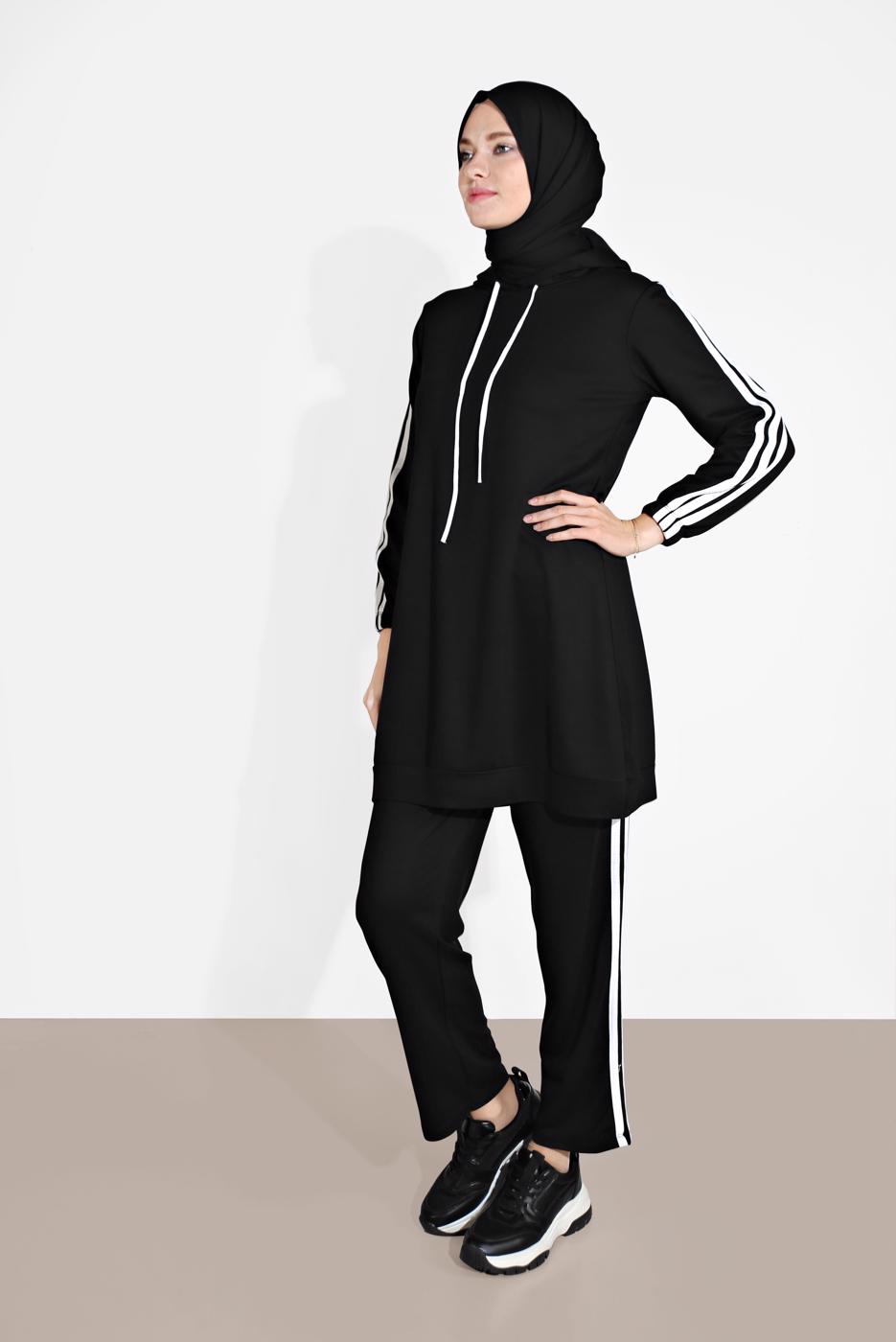 Tesettür giyim SİYAH ŞERİT DETAYLI İKİLİ PANTOLON TAKIM 4916