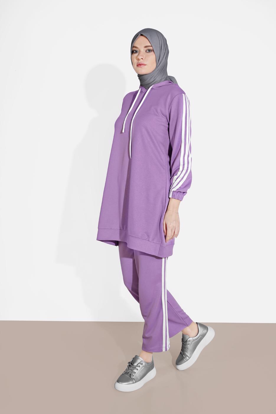 Tesettür giyim MOR ŞERİT DETAYLI İKİLİ PANTOLON TAKIM 4916