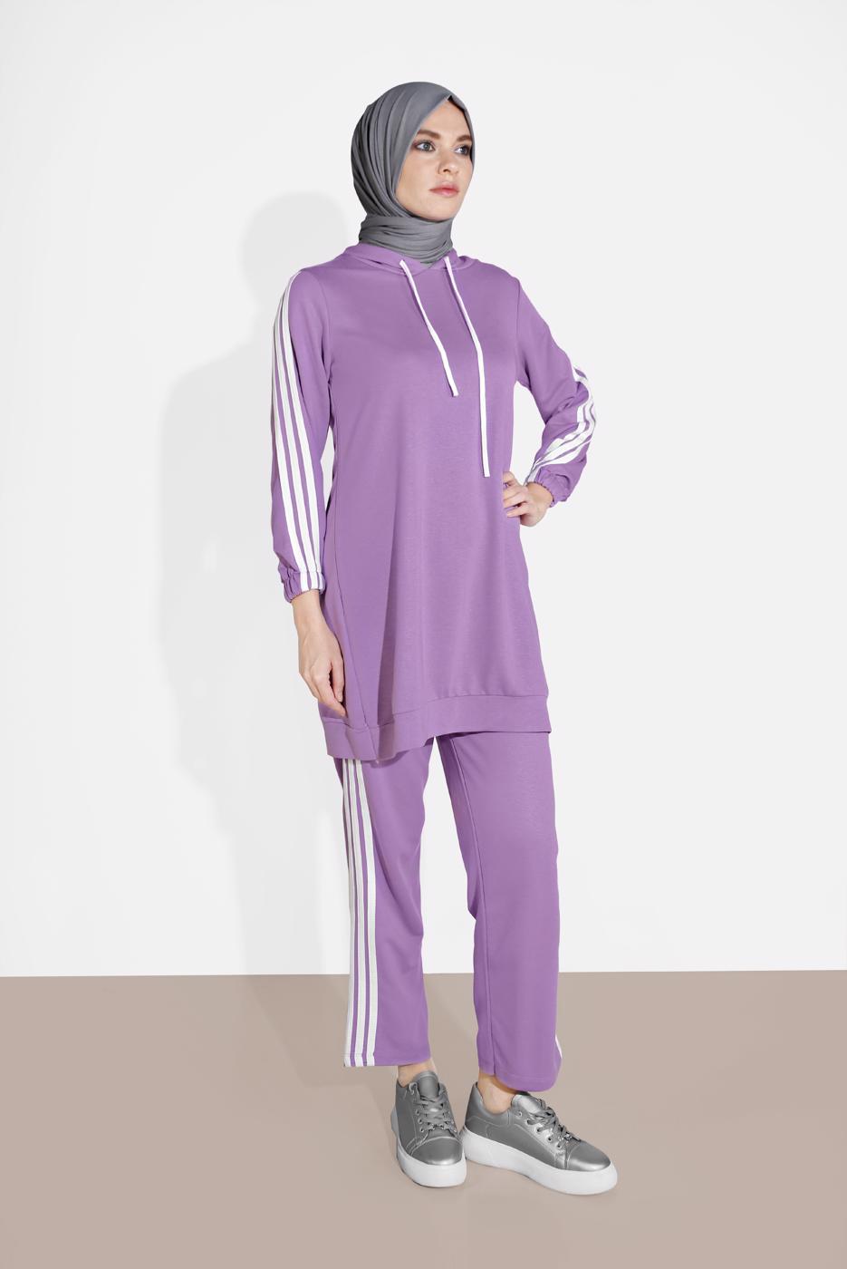 Tesettür giyim MOR ŞERİT DETAYLI İKİLİ PANTOLON TAKIM 4916