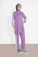 Tesettür giyim MOR ŞERİT DETAYLI İKİLİ PANTOLON TAKIM 4916