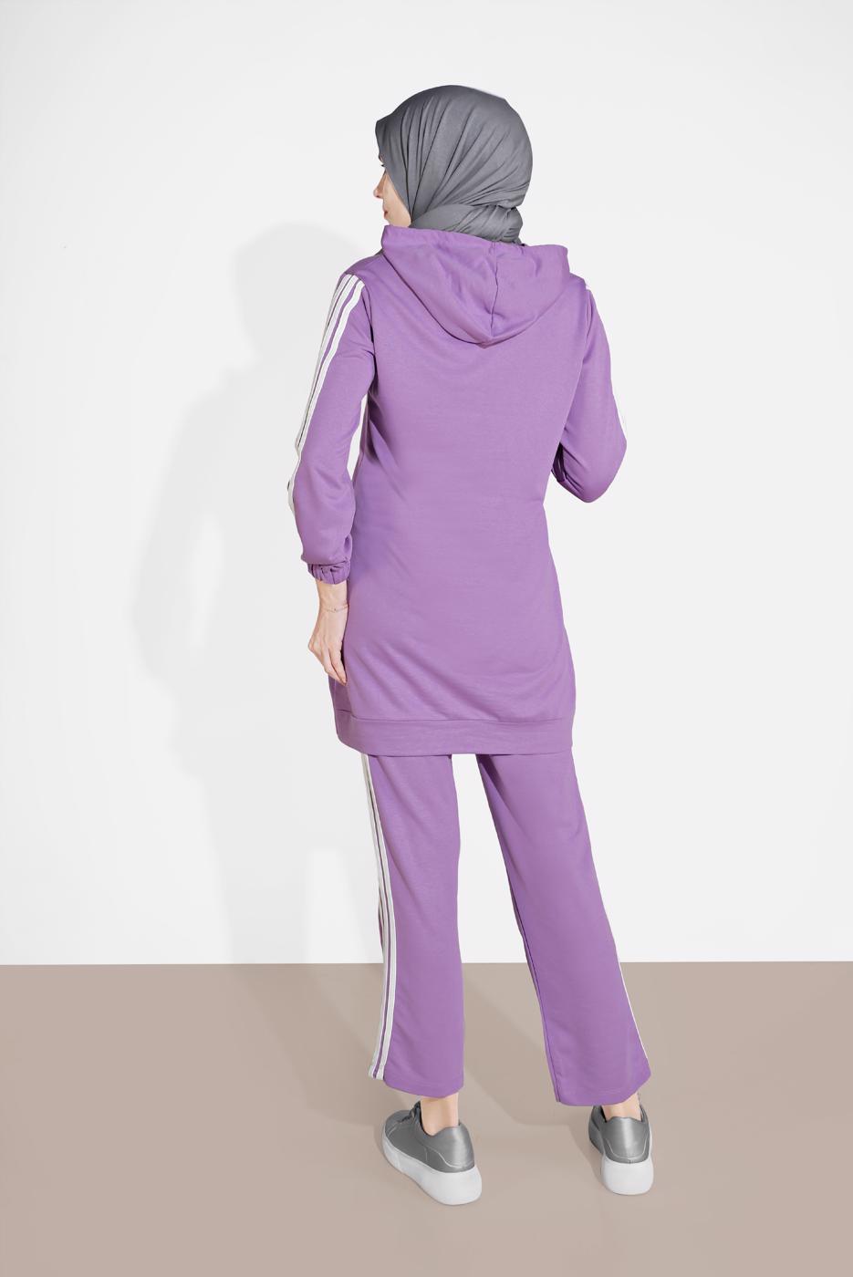Tesettür giyim MOR ŞERİT DETAYLI İKİLİ PANTOLON TAKIM 4916