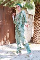 Tesettür giyim YEŞİL ALVİNA DESENLİ PÜSKÜLLÜ 2&prime;Lİ PANTOLONLU TAKIM 4998