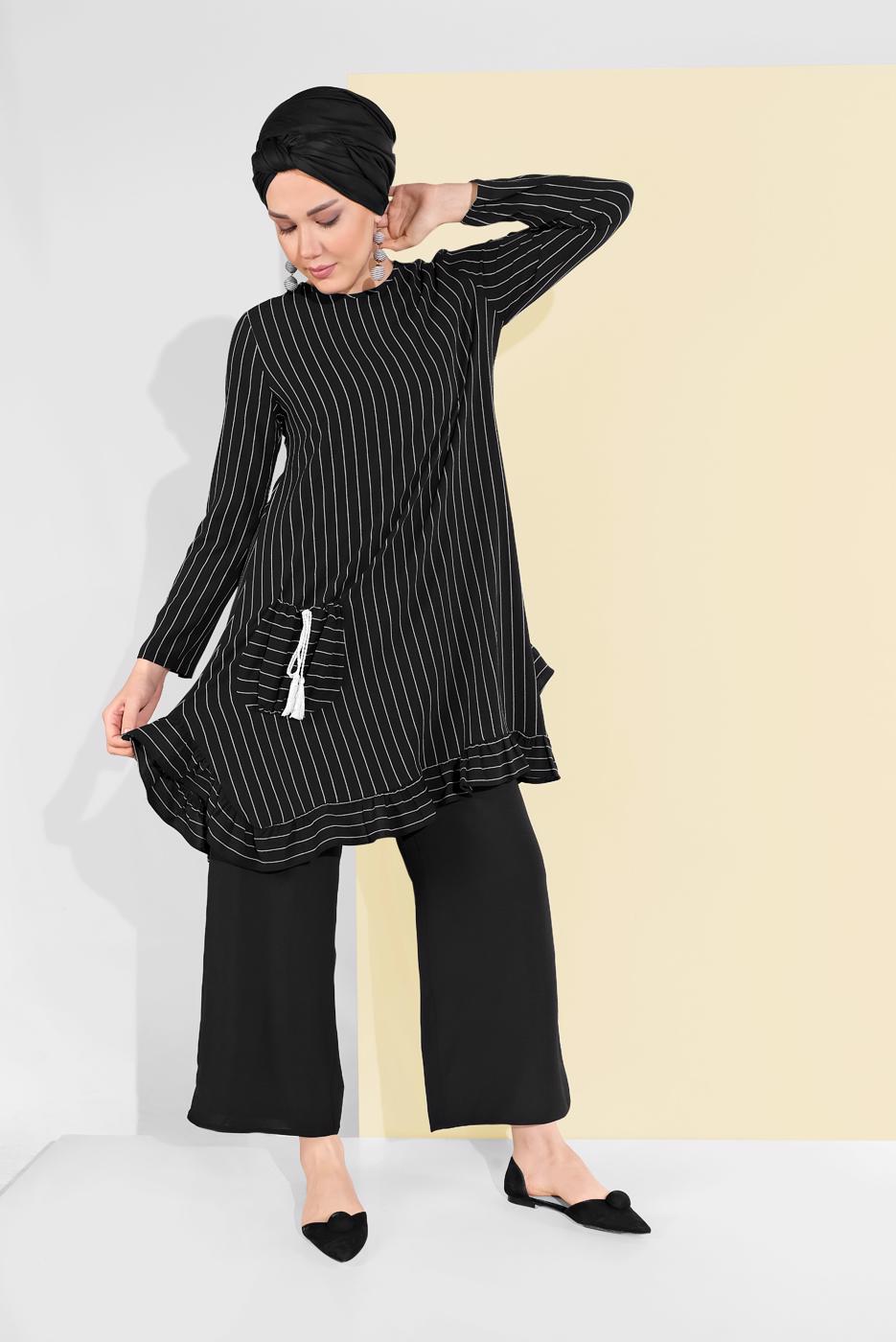 Tesettür giyim SİYAH ASİMETRİK KESİM ÇİZGİLİ PANTOLONLU TAKIM 5335 