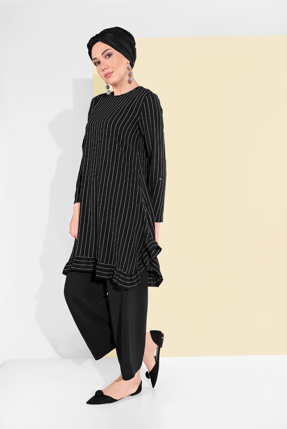 Tesettür giyim SİYAH ASİMETRİK KESİM ÇİZGİLİ PANTOLONLU TAKIM 5335 