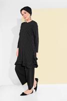 Tesettür giyim SİYAH ASİMETRİK KESİM ÇİZGİLİ PANTOLONLU TAKIM 5335 