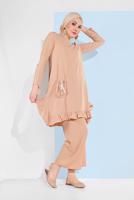 Tesettür giyim BEJ ASİMETRİK KESİM ÇİZGİLİ PANTOLONLU TAKIM 5335 