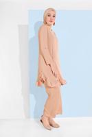 Tesettür giyim BEJ ASİMETRİK KESİM ÇİZGİLİ PANTOLONLU TAKIM 5335 