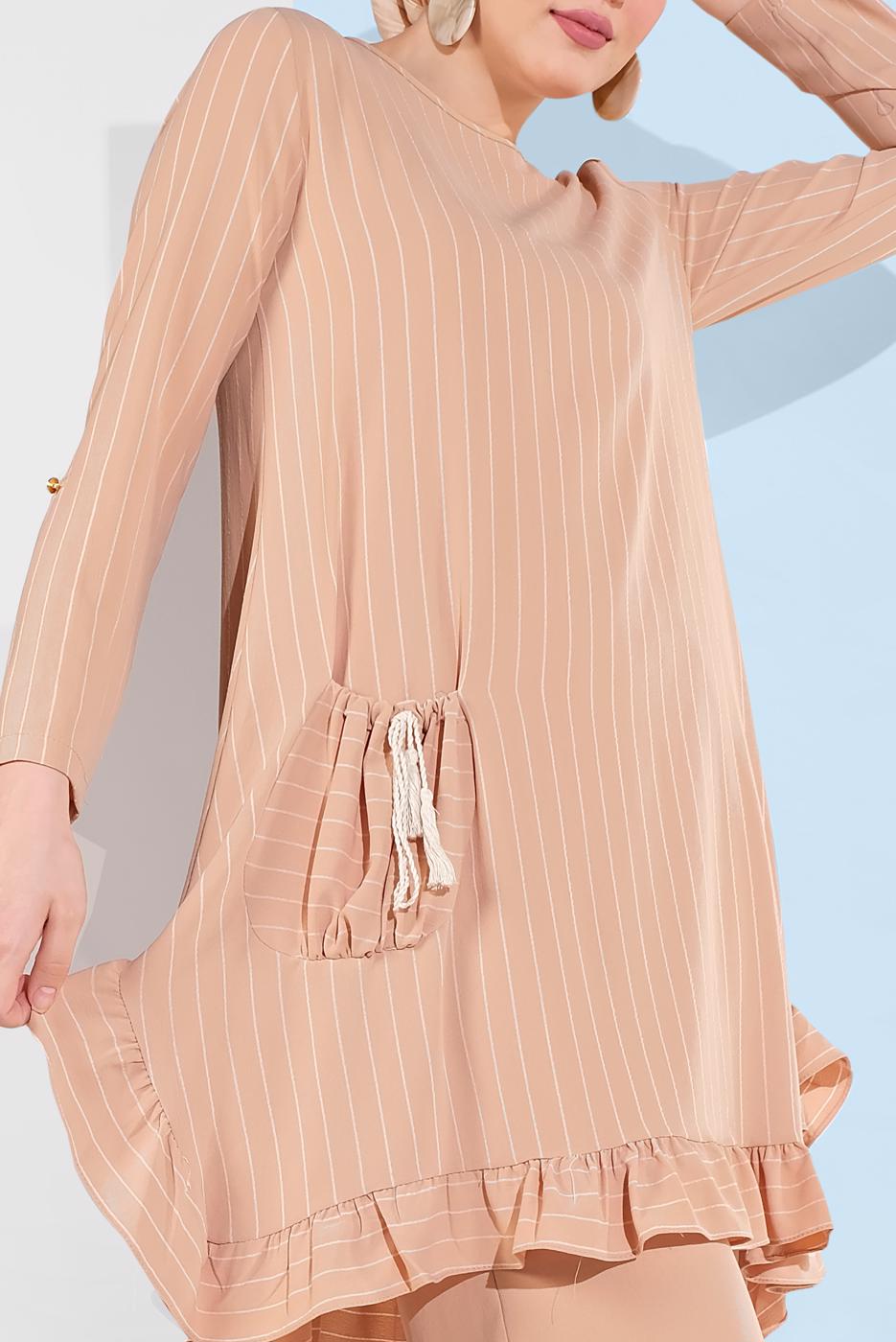 Tesettür giyim BEJ ASİMETRİK KESİM ÇİZGİLİ PANTOLONLU TAKIM 5335 