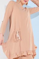 Tesettür giyim BEJ ASİMETRİK KESİM ÇİZGİLİ PANTOLONLU TAKIM 5335 