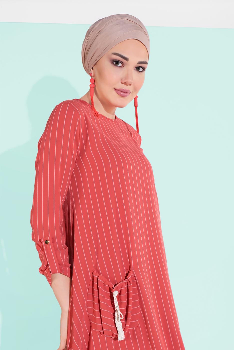 Tesettür giyim KAHVE ASİMETRİK KESİM ÇİZGİLİ PANTOLONLU TAKIM 5335 