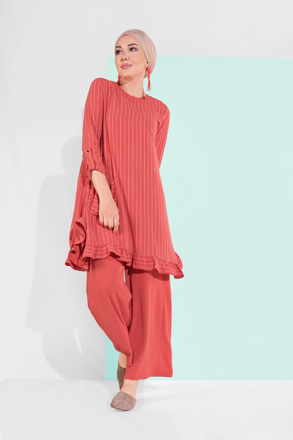 Tesettür giyim KAHVE ASİMETRİK KESİM ÇİZGİLİ PANTOLONLU TAKIM 5335 