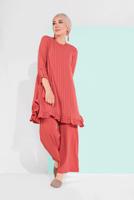 Tesettür giyim KAHVE ASİMETRİK KESİM ÇİZGİLİ PANTOLONLU TAKIM 5335 