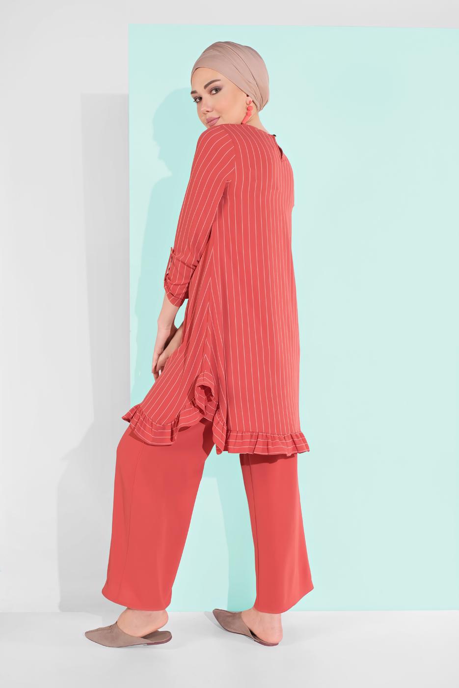 Tesettür giyim KAHVE ASİMETRİK KESİM ÇİZGİLİ PANTOLONLU TAKIM 5335 
