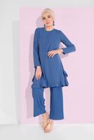 Tesettür giyim LACİVERT ASİMETRİK KESİM ÇİZGİLİ PANTOLONLU TAKIM 5335 