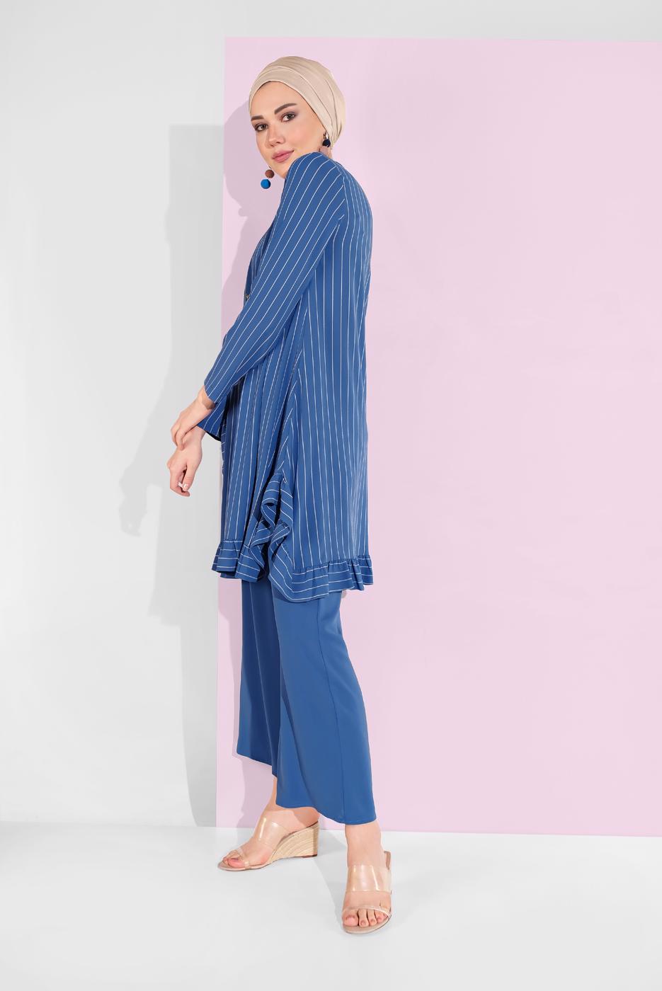 Tesettür giyim LACİVERT ASİMETRİK KESİM ÇİZGİLİ PANTOLONLU TAKIM 5335 