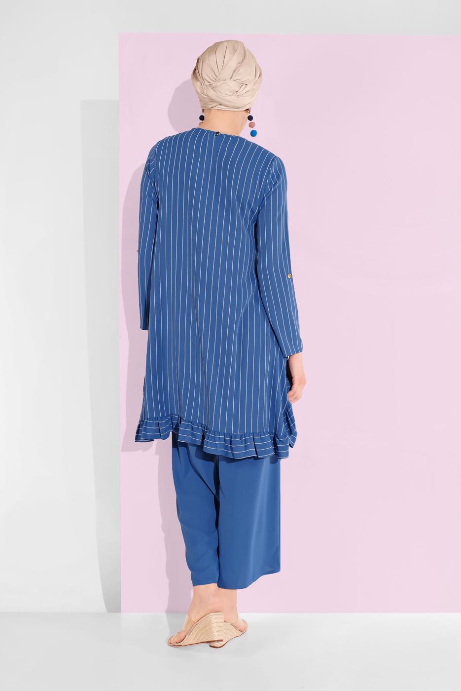 Tesettür giyim LACİVERT ASİMETRİK KESİM ÇİZGİLİ PANTOLONLU TAKIM 5335 