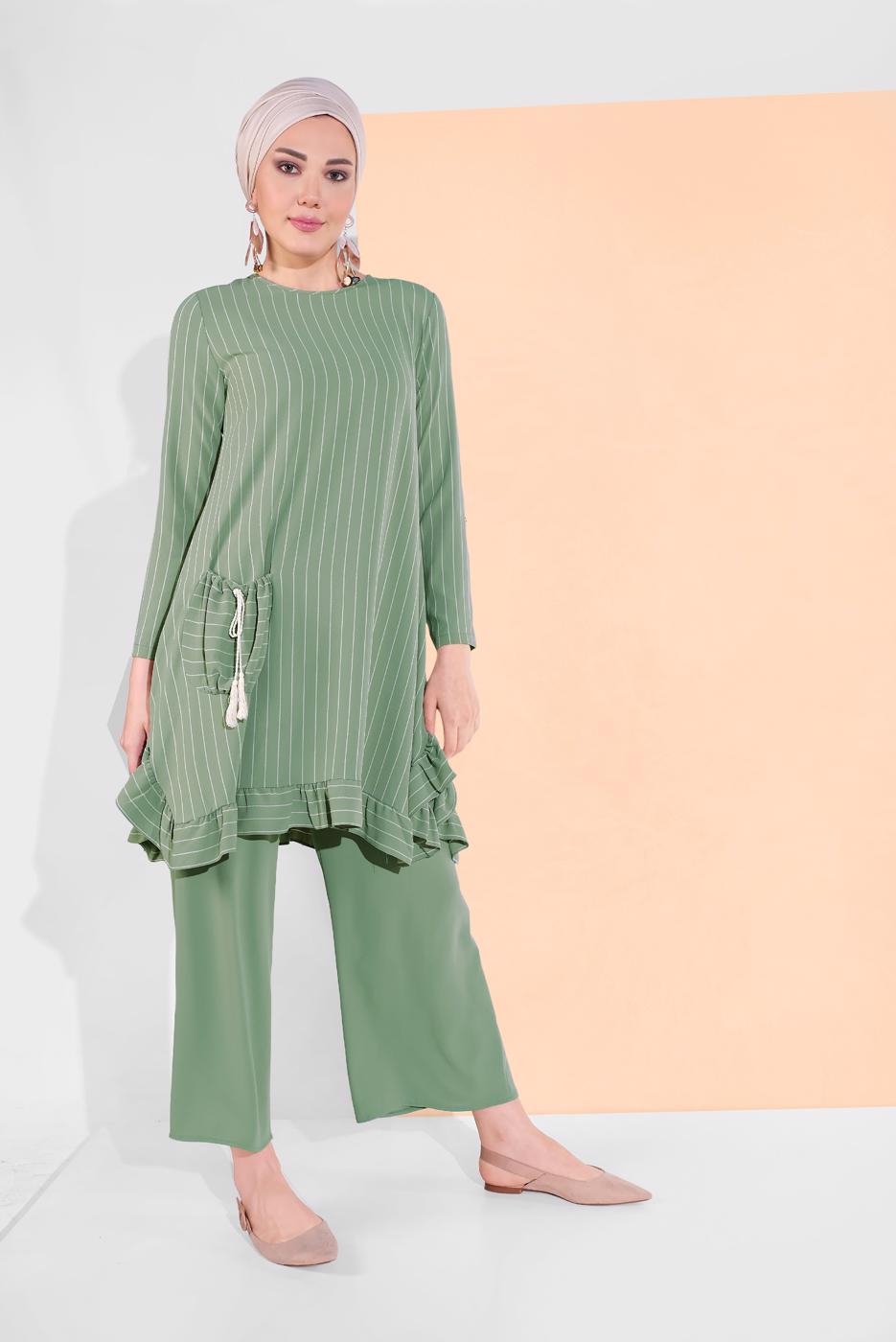 Tesettür giyim YEŞİL ASİMETRİK KESİM ÇİZGİLİ PANTOLONLU TAKIM 5335 
