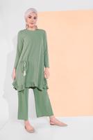 Tesettür giyim YEŞİL ASİMETRİK KESİM ÇİZGİLİ PANTOLONLU TAKIM 5335 