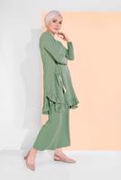 Tesettür giyim YEŞİL ASİMETRİK KESİM ÇİZGİLİ PANTOLONLU TAKIM 5335 