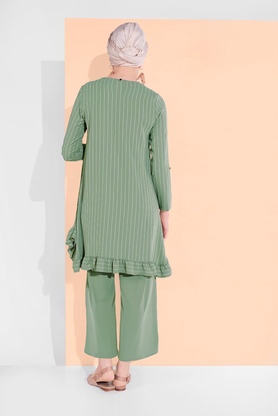 Tesettür giyim YEŞİL ASİMETRİK KESİM ÇİZGİLİ PANTOLONLU TAKIM 5335 