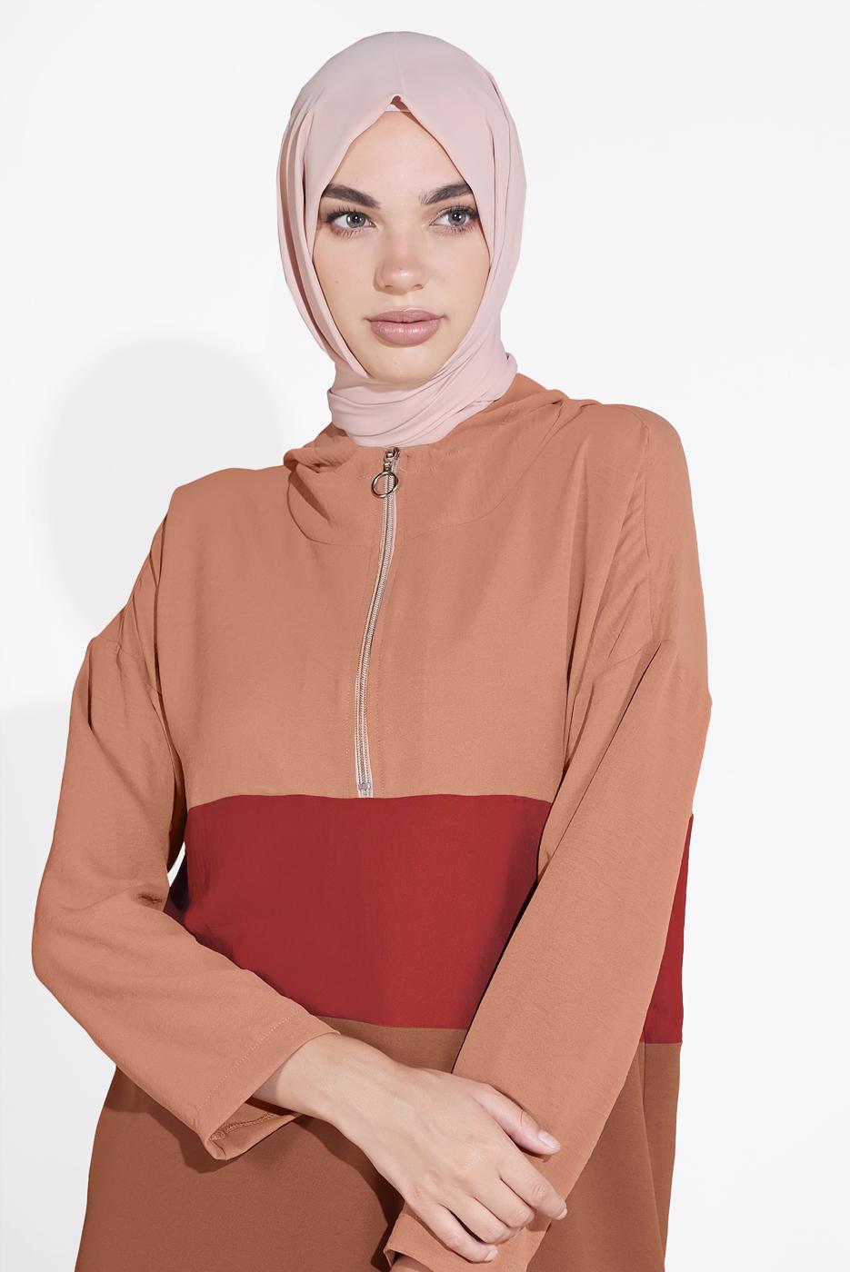 Tesettür giyim PEMBE PAMUKLU FERMUARLI PANTOLONLU EŞOFMAN TAKIM 5552 