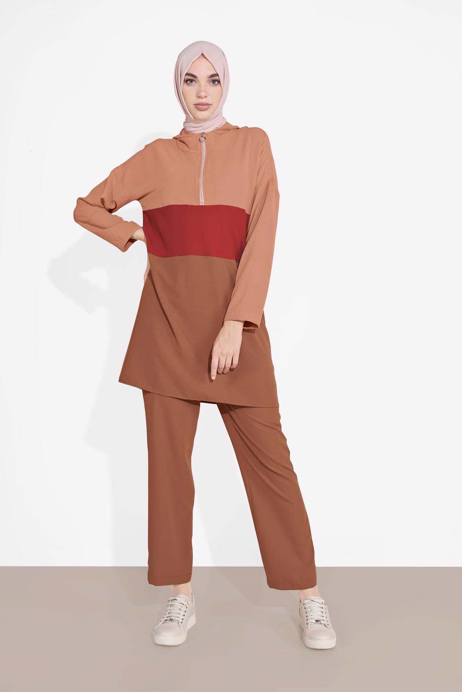 Tesettür giyim PEMBE PAMUKLU FERMUARLI PANTOLONLU EŞOFMAN TAKIM 5552 