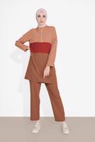 Tesettür giyim PEMBE PAMUKLU FERMUARLI PANTOLONLU EŞOFMAN TAKIM 5552 