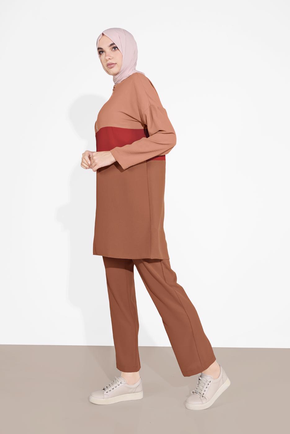 Tesettür giyim PEMBE PAMUKLU FERMUARLI PANTOLONLU EŞOFMAN TAKIM 5552 