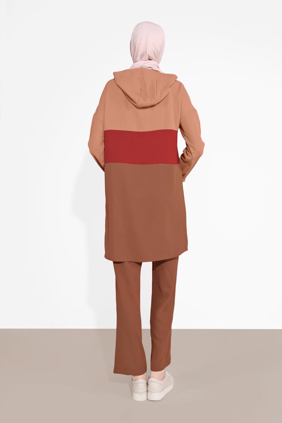 Tesettür giyim PEMBE PAMUKLU FERMUARLI PANTOLONLU EŞOFMAN TAKIM 5552 