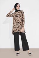 Tesettür giyim BEJ DESENLİ FİTİLLİ PANTOLONLU TAKIM 5716 