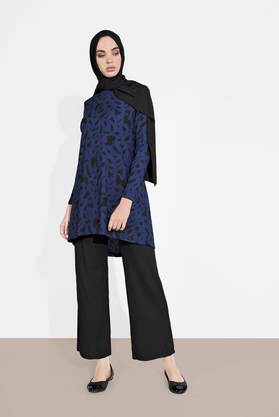 Tesettür giyim LACİVERT DESENLİ FİTİLLİ PANTOLONLU TAKIM 5716 