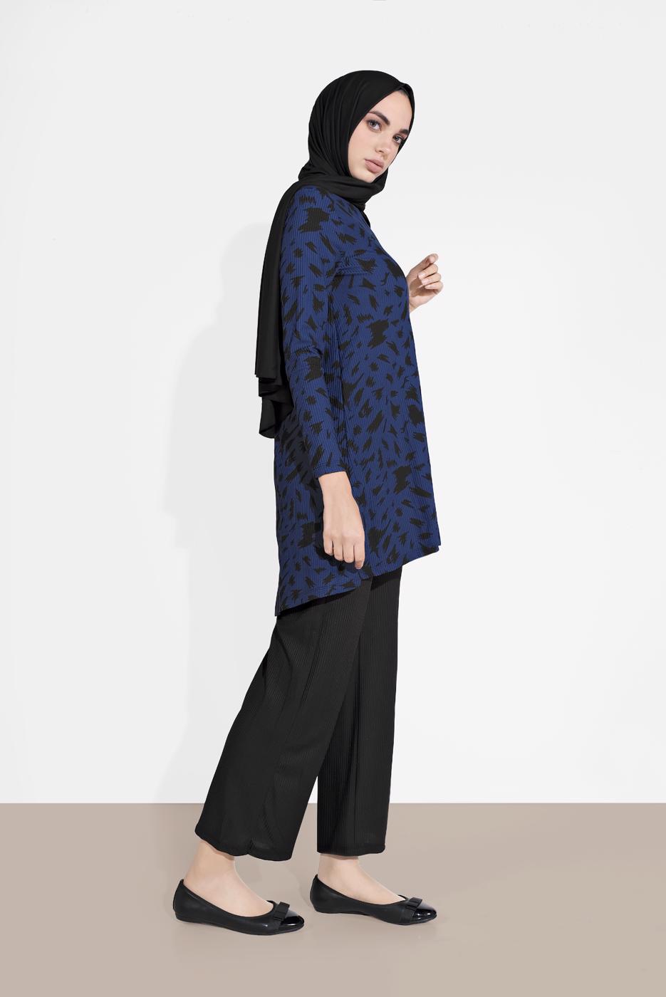 Tesettür giyim LACİVERT DESENLİ FİTİLLİ PANTOLONLU TAKIM 5716 