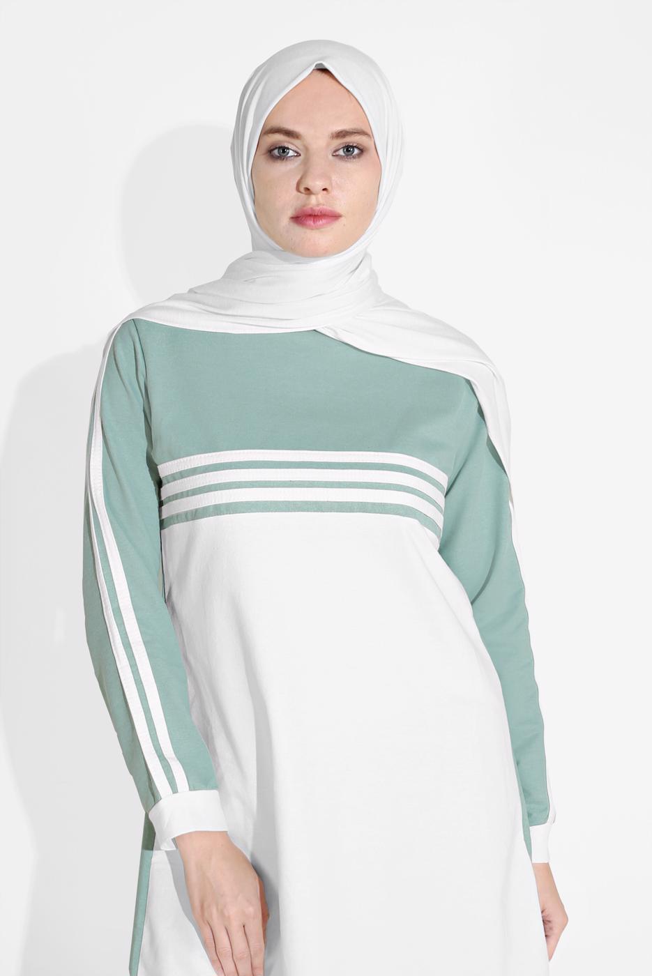 Tesettür giyim YEŞİL ÇİZGİLİ BİSİKLET YAKA EŞOFMAN TAKIM 5916