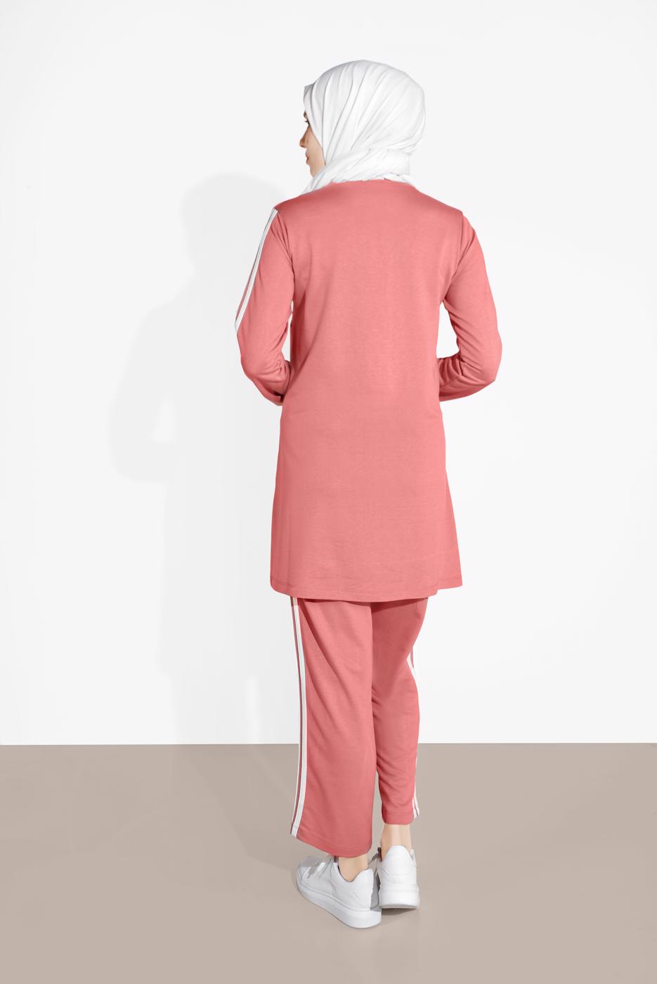 Tesettür giyim PEMBE ÇİZGİLİ BİSİKLET YAKA EŞOFMAN TAKIM 5916