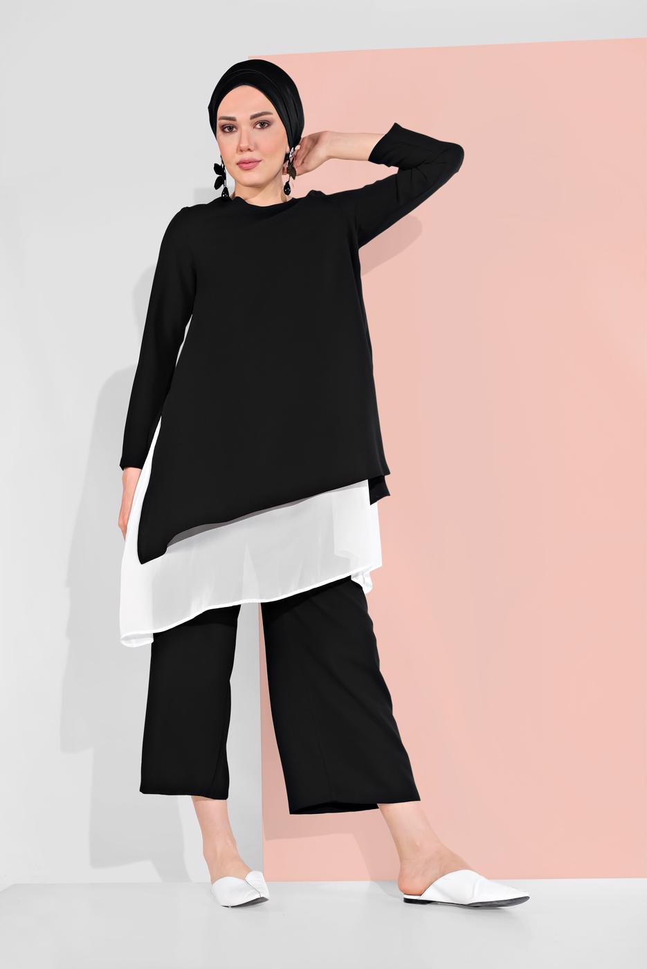 Tesettür giyim SİYAH PAMUKLU TÜL DETAYLI PANTOLONLU TAKIM  6866