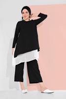 Tesettür giyim SİYAH PAMUKLU TÜL DETAYLI PANTOLONLU TAKIM  6866