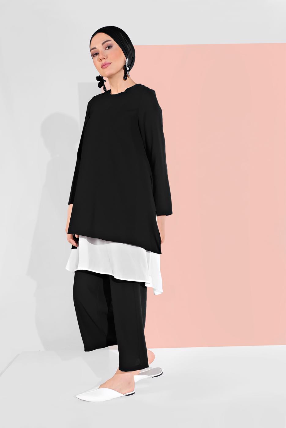 Tesettür giyim SİYAH PAMUKLU TÜL DETAYLI PANTOLONLU TAKIM  6866