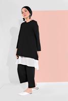 Tesettür giyim SİYAH PAMUKLU TÜL DETAYLI PANTOLONLU TAKIM  6866