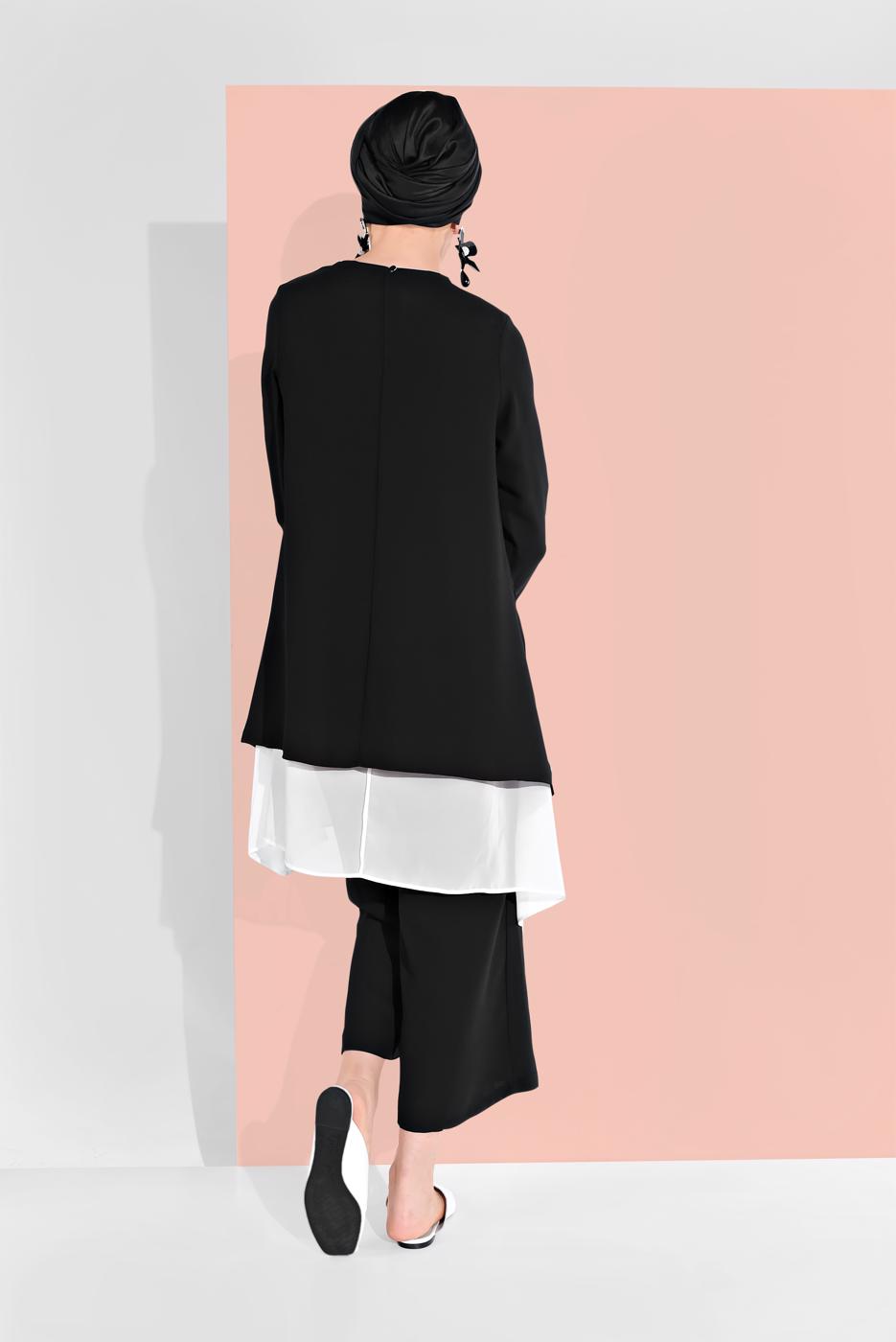 Tesettür giyim SİYAH PAMUKLU TÜL DETAYLI PANTOLONLU TAKIM  6866