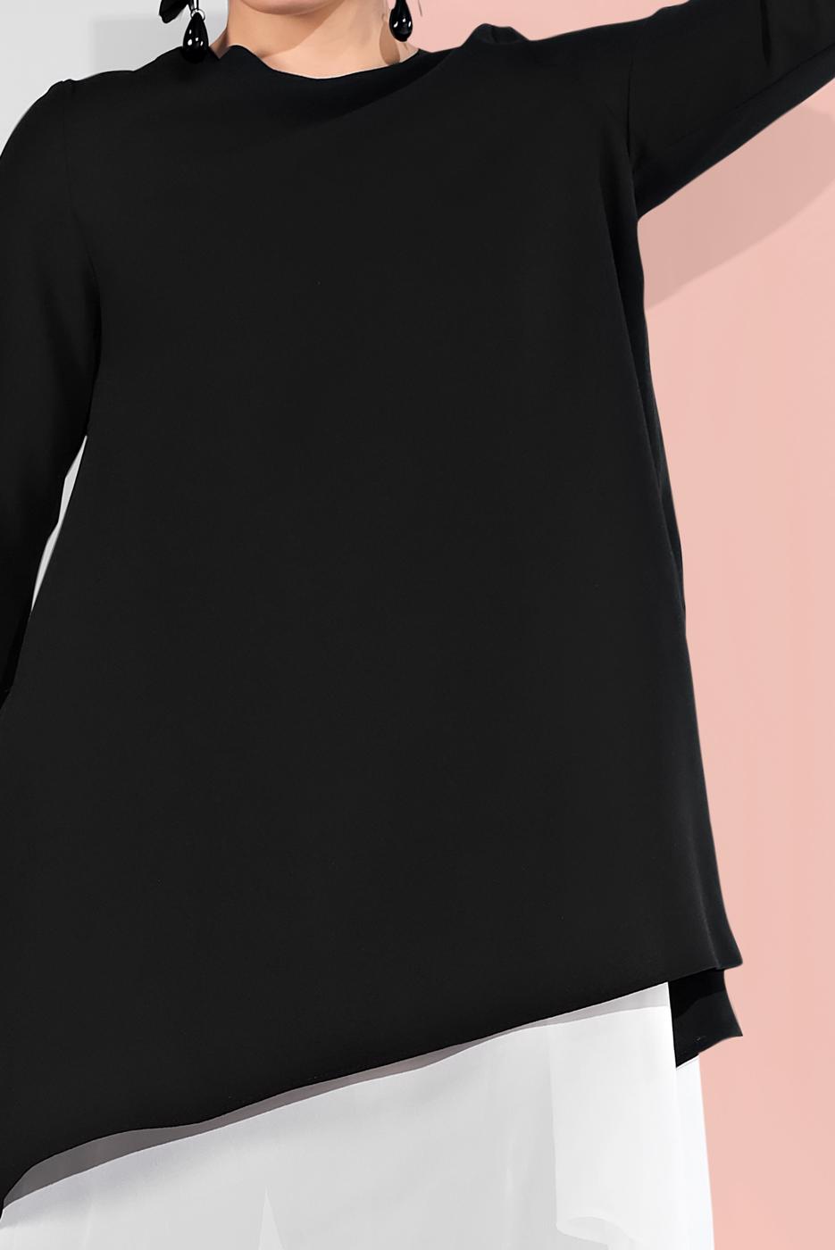 Tesettür giyim SİYAH PAMUKLU TÜL DETAYLI PANTOLONLU TAKIM  6866