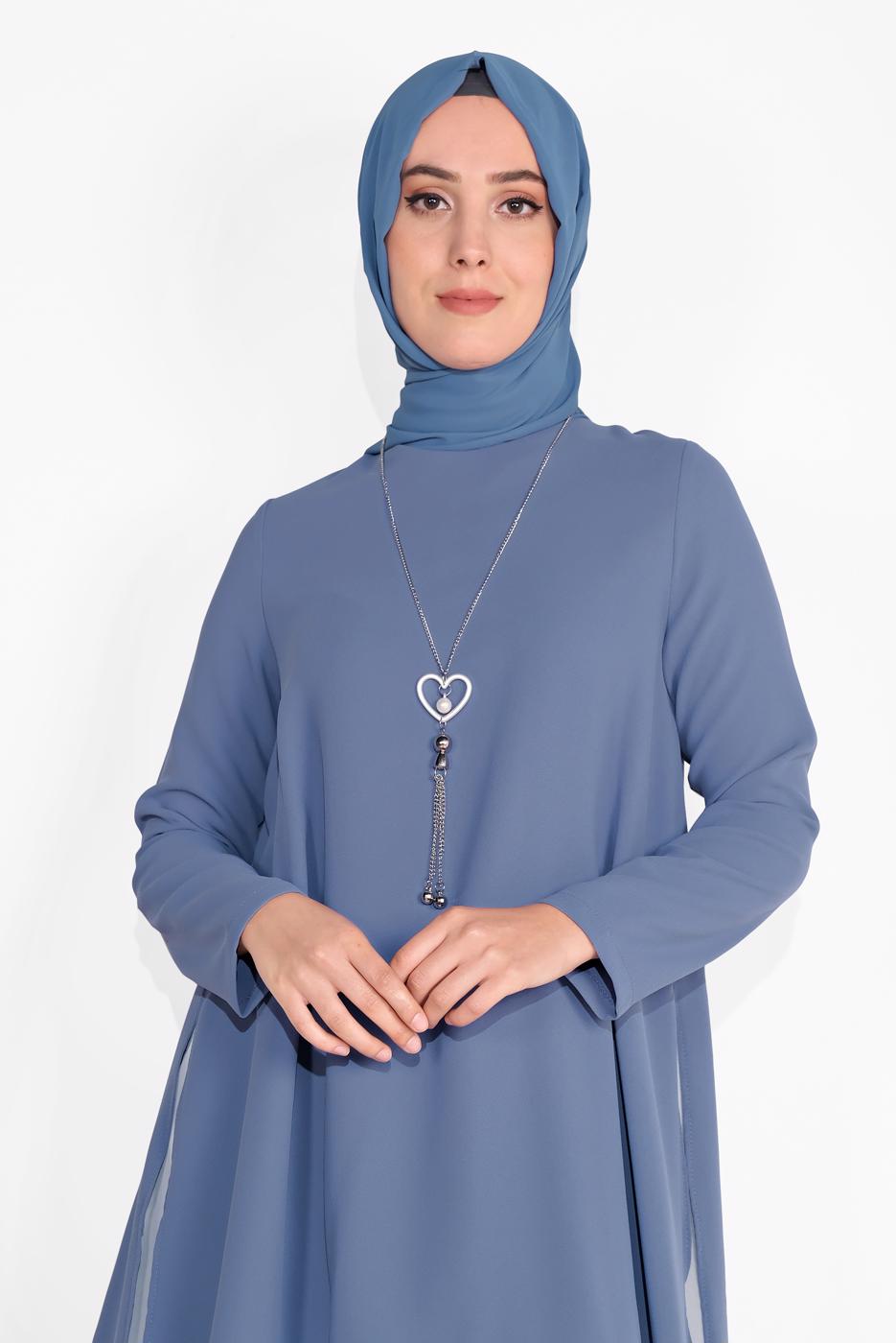 Tesettür giyim MAVİ PAMUKLU TÜL DETAYLI PANTOLONLU TAKIM  6866