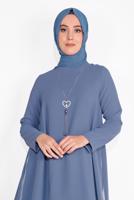 Tesettür giyim MAVİ PAMUKLU TÜL DETAYLI PANTOLONLU TAKIM  6866