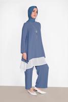 Tesettür giyim MAVİ PAMUKLU TÜL DETAYLI PANTOLONLU TAKIM  6866