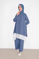 Tesettür giyim MAVİ PAMUKLU TÜL DETAYLI PANTOLONLU TAKIM  6866