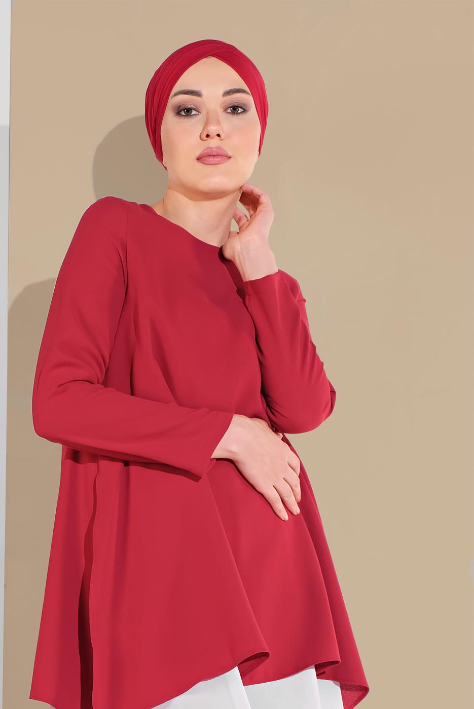 Tesettür giyim KIRMIZI PAMUKLU TÜL DETAYLI PANTOLONLU TAKIM  6866