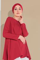 Tesettür giyim KIRMIZI PAMUKLU TÜL DETAYLI PANTOLONLU TAKIM  6866