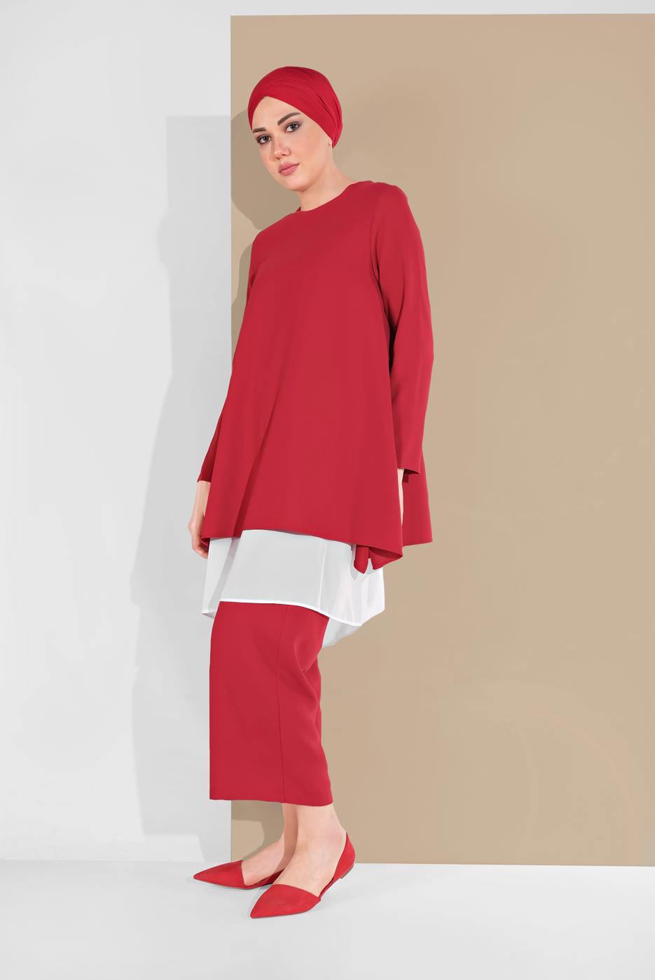 Tesettür giyim KIRMIZI PAMUKLU TÜL DETAYLI PANTOLONLU TAKIM  6866