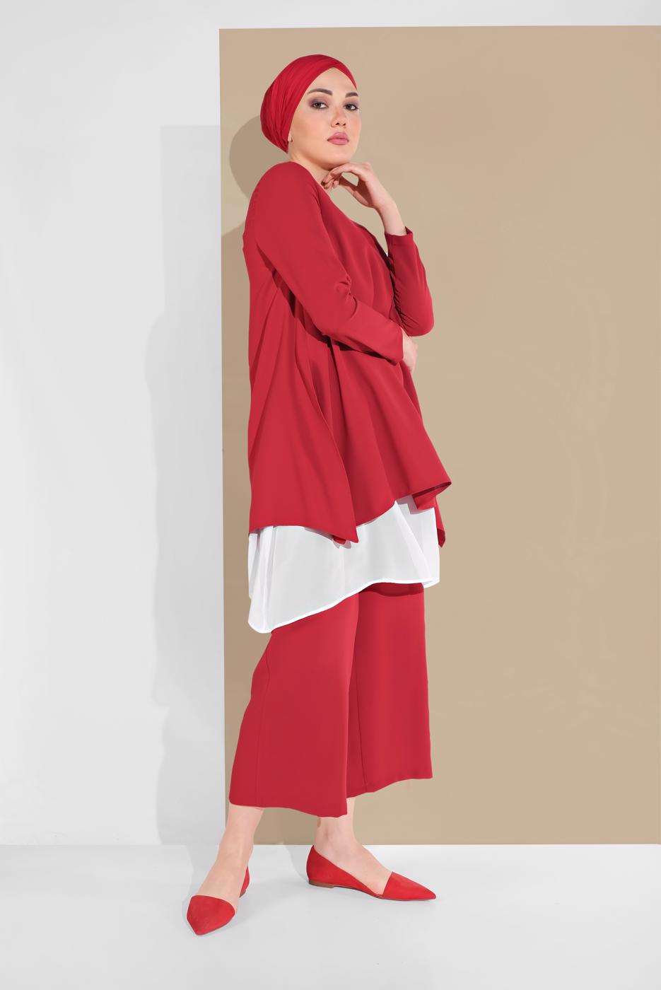 Tesettür giyim KIRMIZI PAMUKLU TÜL DETAYLI PANTOLONLU TAKIM  6866