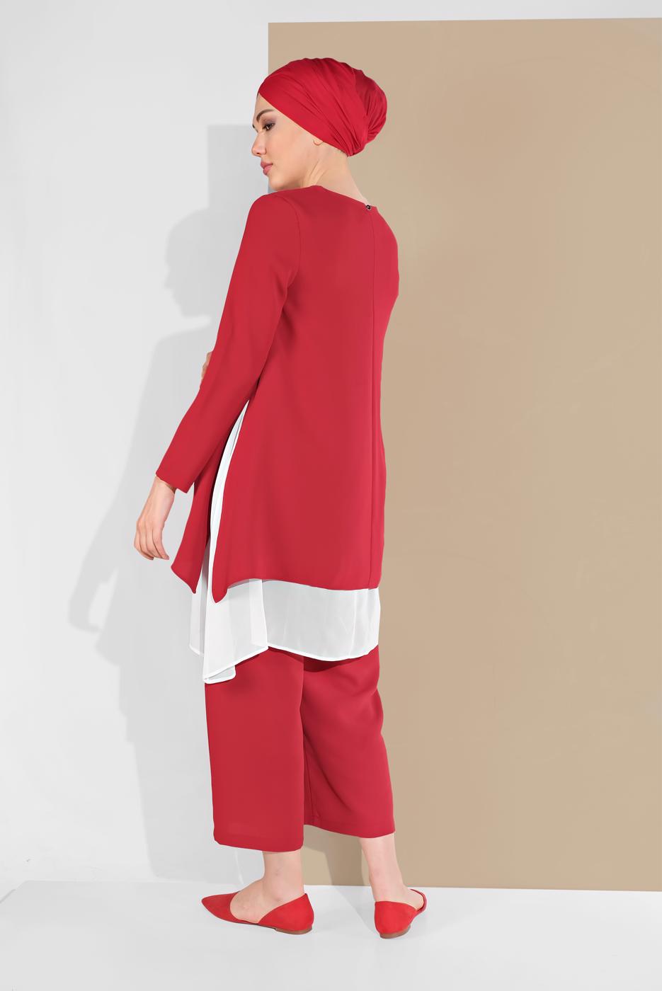Tesettür giyim KIRMIZI PAMUKLU TÜL DETAYLI PANTOLONLU TAKIM  6866